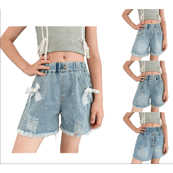 HAOTAGS Girl's Summer Denim Shorts Trendy Distressed Jeans Soft Elastic Waistband Lightweight Shorts Blue Size 8 Years