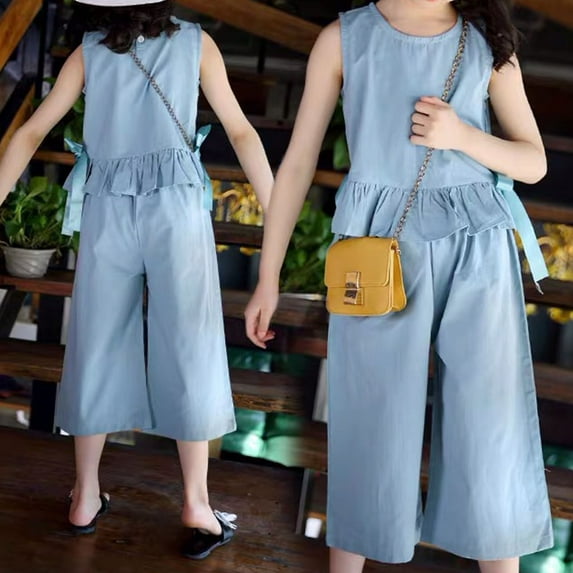 HAOTAGS Girls 2 Piece Outfits Set Sleeveless Top with Ruffle Hem with Wide Leg Pants Set Blue Size 7 T