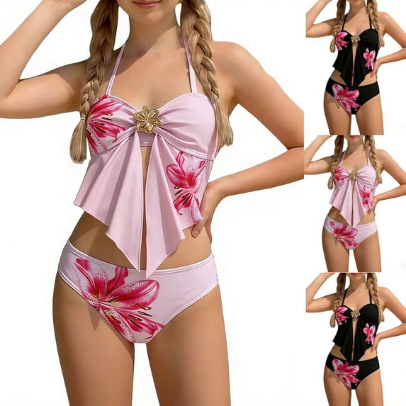 HAOTAGS Girls 2 Piece Swimsuit 10-12,Summer Bench Crop Top Bathing Suit Printed 2PC Bathing Suit Pink