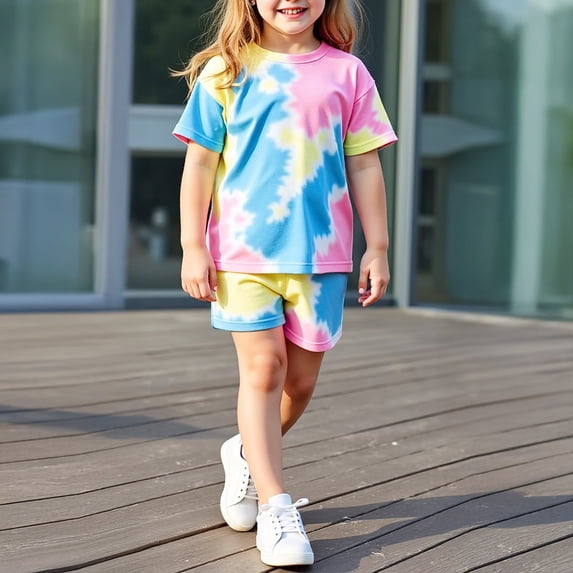HAOTAGS Girls 2pc Summer Outfit Set Tie-dye Print Short Sleeve T-shirts with Shorts Set Pink Size 4 Years