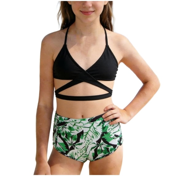 HAOTAGS Girls 3-Piece Swimsuit Set,Summer Bikini Leaf Print Padded Top & Shorts Youth Swim Outfit Green 12-13
