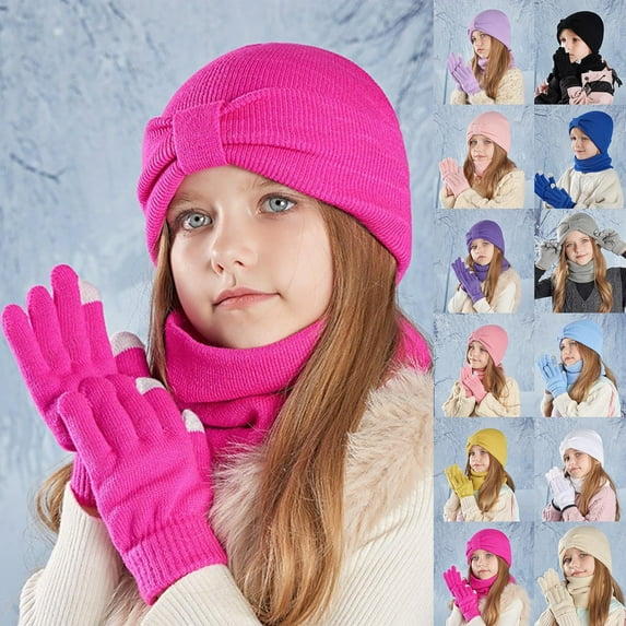 HAOTAGS Girls 3PC Hat Bundle,Solid Color Acrylic Hat,Scarf & Mittens Bundle Winter 3-Piece Cap Set Hot Pink Free Size