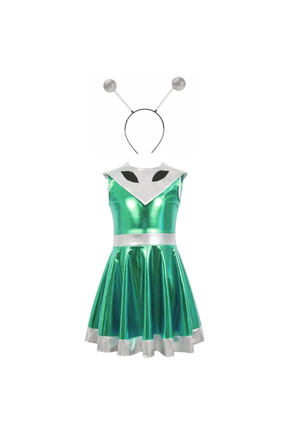 Girls Alien Dress, Round Neck Tailored Short Sleeved Party Costume Dress Green 11-12Years