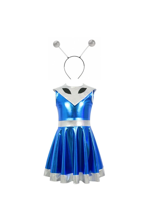 Girls Alien Dress, Short Sleeved Tailored Round Neck Party Costume Dress Blue 9-10Years