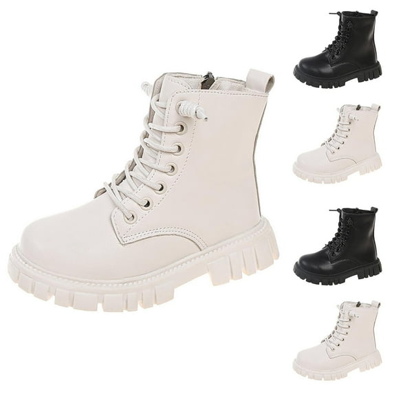 HAOTAGS Girls Ankle Boots, Low Heel Martin Lightweight Mid Top Sneaker Boots White 12 Little Kids