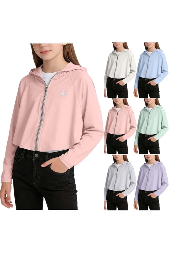 Girls Athletic Jackets,Full Front Zip Long Sleeve Hooded UPF 50+ Breathable Sun Protection Pink 5-6 T