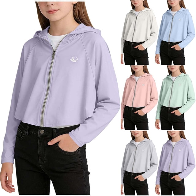 HAOTAGS Girls Athletic Jackets,Full Front Zip UPF 50+ Long Sleeve Hooded Breathable Sun Protection Purple 3-4 T