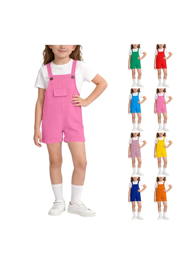 Girls Bib Shorts (2-15), Casual Overalls with Pockets Adjustable Strap Summer Romper Pink 7-8 Years