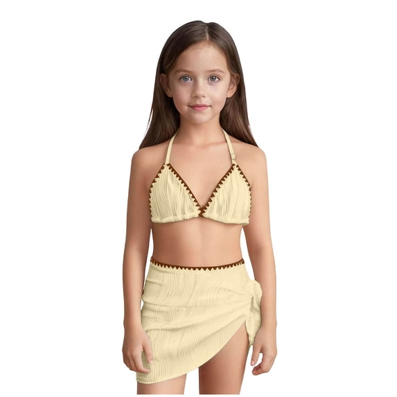 HAOTAGS Girls Bikini and Skirt Set,Youth Swimwear Summer Beach Sheer Cover-Up Two-Piece Swimsuit Beige 12