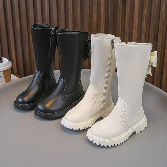 HAOTAGS Girls Boots Flat Zipper, Leather Non Riding Boots Comfortable and Soft Side Zipper Casual PU Leather Mid-Calf Boots White 8.5 Little Kids