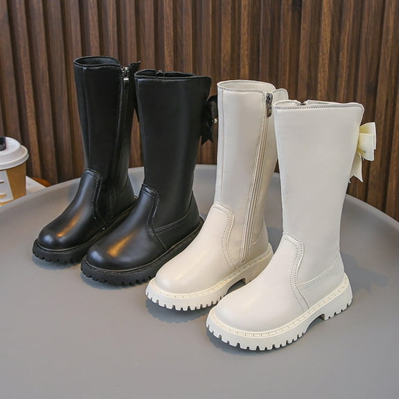 HAOTAGS Girls Boots Flat Zipper, Leather Non Riding Boots Comfortable and Soft Side Zipper Casual PU Leather Mid-Calf Boots White 8.5 Little Kids