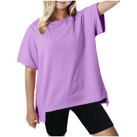 HAOTAGS Girls Boys Fashion T-shirts Casual Irregular Hem Solid Color Short Sleeve Top Purple Size 5 Years