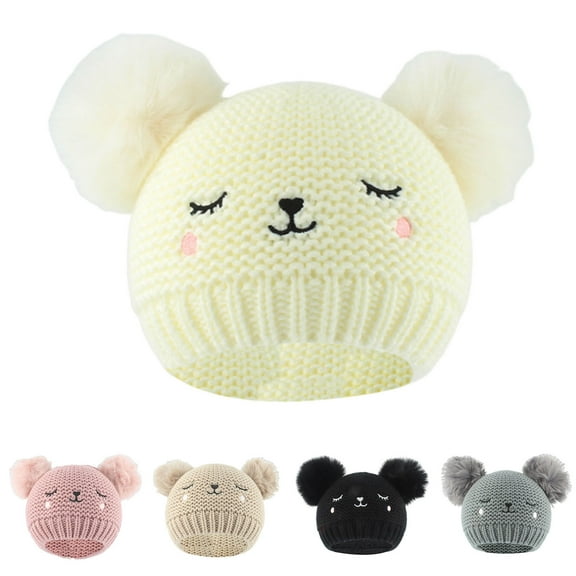 HAOTAGS Girls Boys Knit Hat,Velvet Comfort Warm Winter Beanie Kids Fleece Lined Pom Pom Hat White Free Size