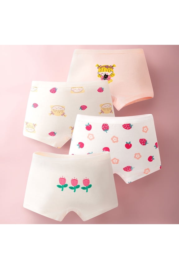 Girls Breathable Cotton Panties 4pc Cute Graphic Print Underwear Sets White Size S