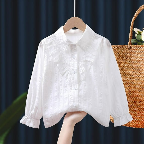 HAOTAGS Girls Button-Up Shirts, Breathable Lapel Casual Solid Ruffled Shirt for Girls White 12 Years