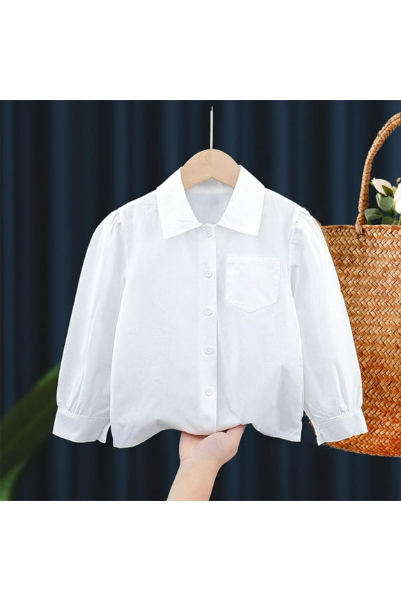Girls Button - up Shirts, Lapel Long Sleeve Cotton Solid Tops White 3 Years
