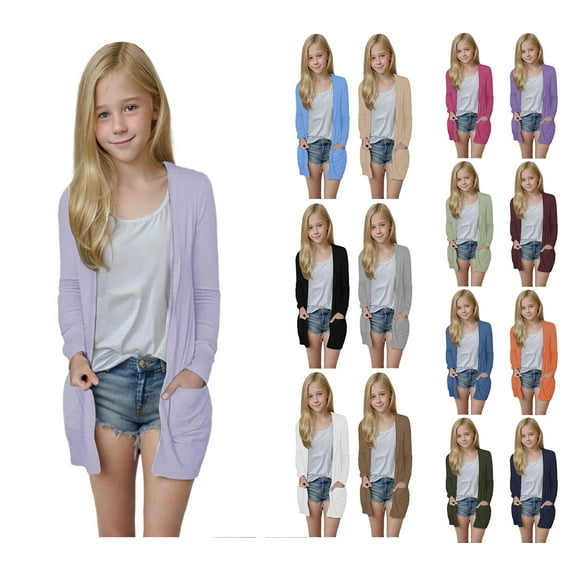 HAOTAGS Girls Cardigan Tops, Open Front Lightweight Long Sleeve Casual Blouses Purple 7-8 Years