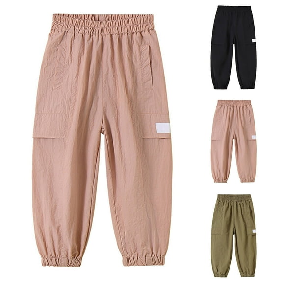 HAOTAGS Girls Cargo Full Length Pants, Summer Solid Color Breathable with Pockets Casual Cargo Pants Pink 7-8 Years