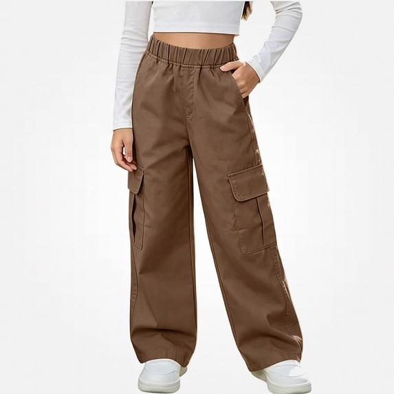 HAOTAGS Girls Cargo Pants (5-15) Elastic Waist Long Pants with Multi-pockets Casual Workwear Brown Size 9