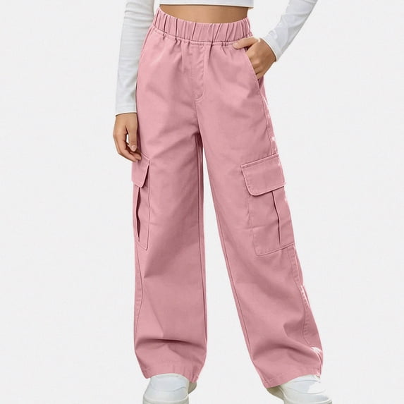 HAOTAGS Girls Cargo Pants (5-15) Elastic Waist Long Pants with Multi-pockets Casual Workwear Pink Size 5T