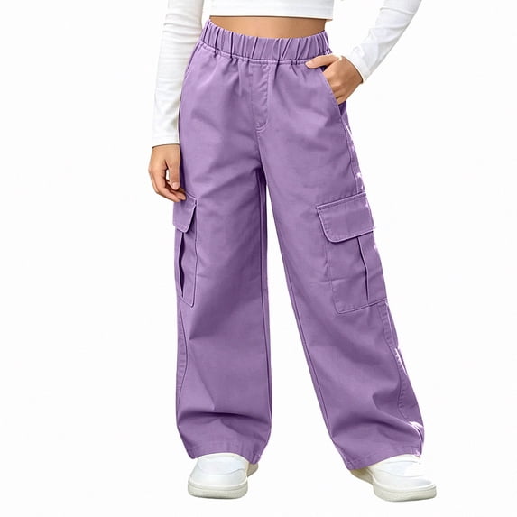 HAOTAGS Girls Cargo Pants (5-15) Elastic Waist Long Pants with Multi-pockets Casual Workwear Purple Size 9