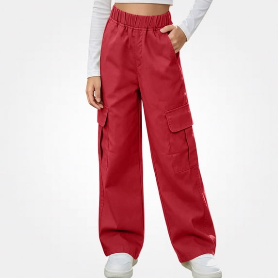 HAOTAGS Girls Cargo Pants (5-15) Elastic Waist Long Pants with Multi-pockets Casual Workwear Red Size 5T