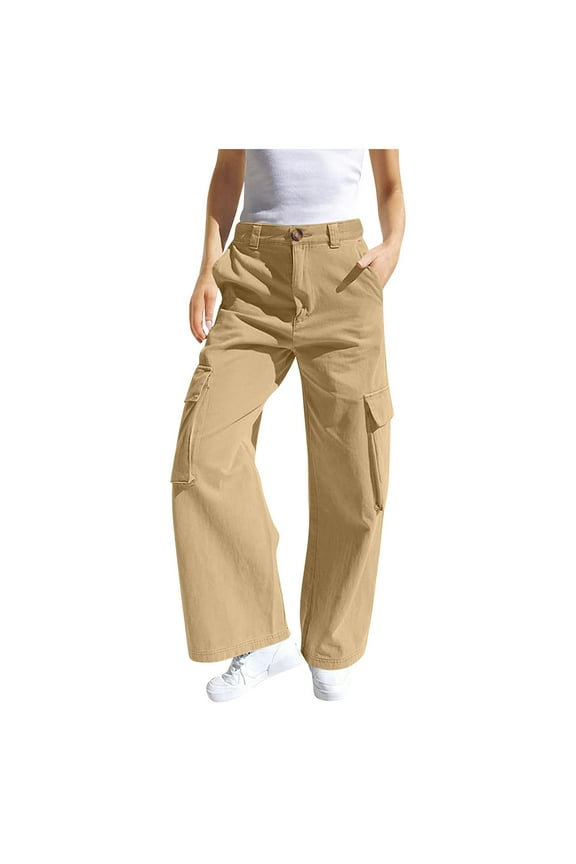 Girls Cargo Pants, Pockets Outdoor Elastic Waist Button Sports Pants Khaki 12-13 Years