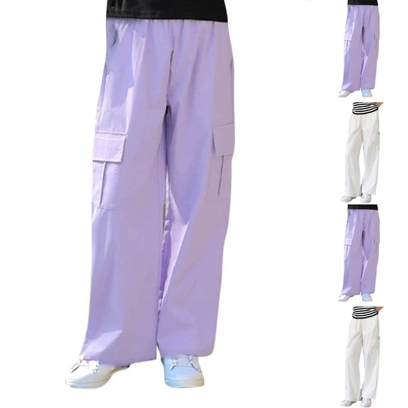 HAOTAGS Girls Casual Pants, Baggy Solid Breathable Straight Wide-Leg Trousers Purple 5-6 Years