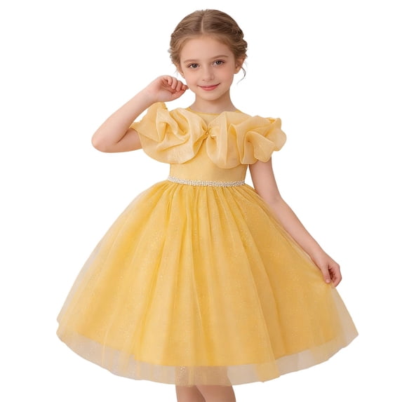 HAOTAGS Girls Chiffon Dress,Long Flowy Sleeveless Round Neck Comfortable Performance Dresses Yellow 4-5