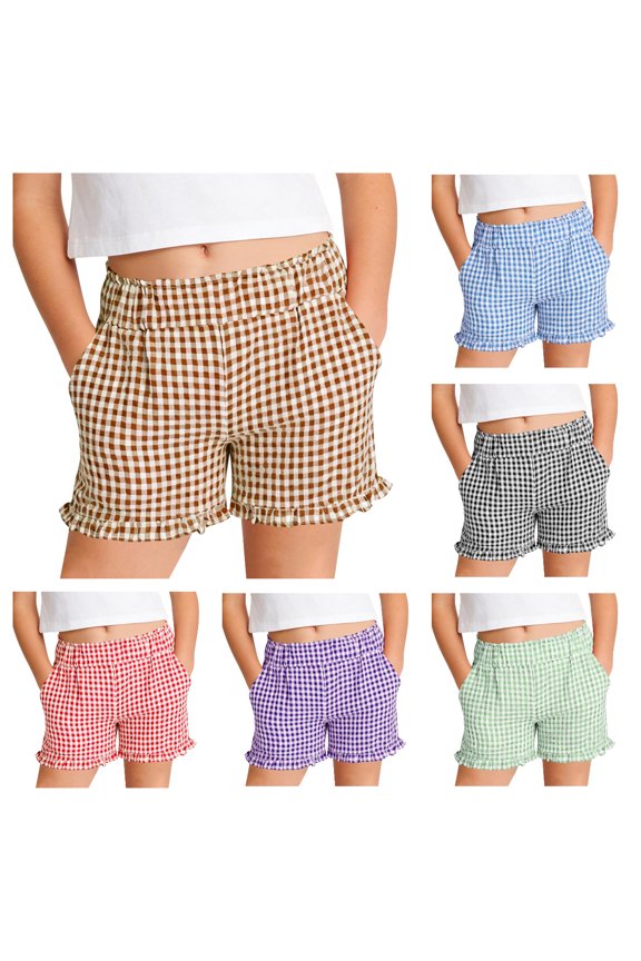 Girls Cotton Shorts,Summer Adjustable Waist Ruffled Hem Patch Pocket Shorts Khaki 7-8