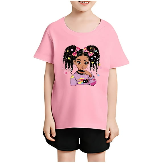 HAOTAGS Girls Cute Graphic Print Tee Tops Casual Short Sleeve Round Neck Tshirts Pink Size 8 Years
