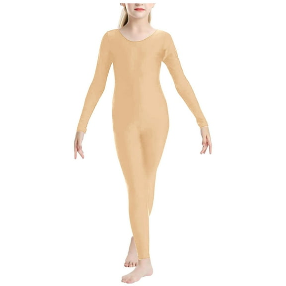 HAOTAGS Girls Dance Jumpsuit, Lightweight Long - Sleeve Elastic Dance Performances Khaki 4 -6 Years