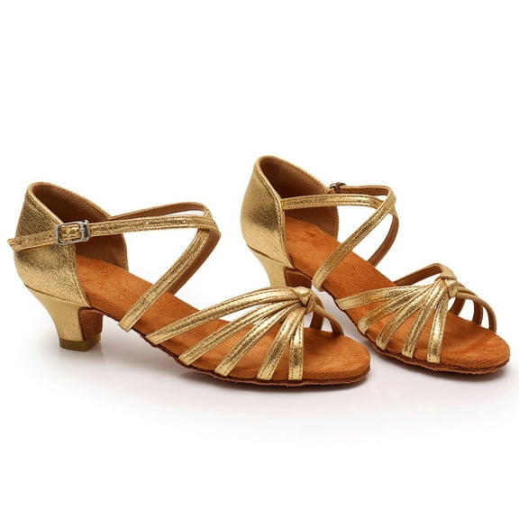 HAOTAGS Girls' Dance Shoes, Open Toe Practice Sparkle Latin Princess Shoes Gold 35