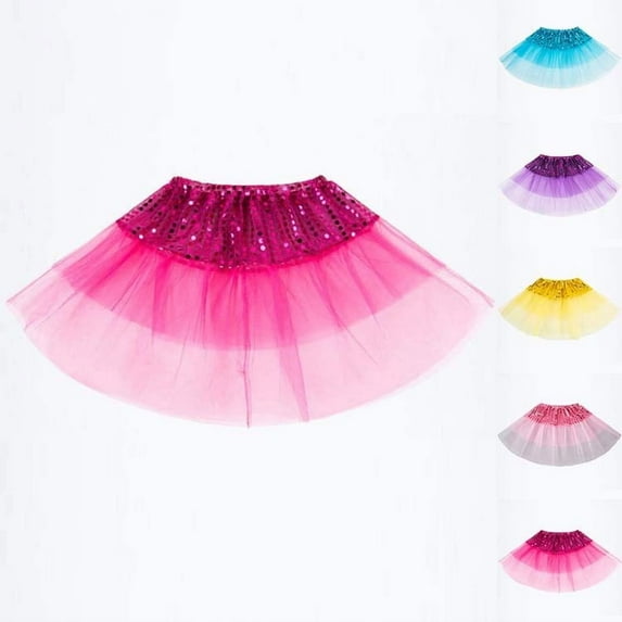 HAOTAGS Girls Dance Skirt,Elastic Waistband Sequin Performance Tulle Skirt Hot Pink