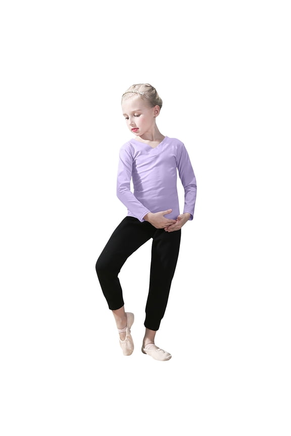 Girls Dance Two - Piece Set, Dance V-neck Breathable Long - Sleeve Practice Suit Set Purple 3-4 Years