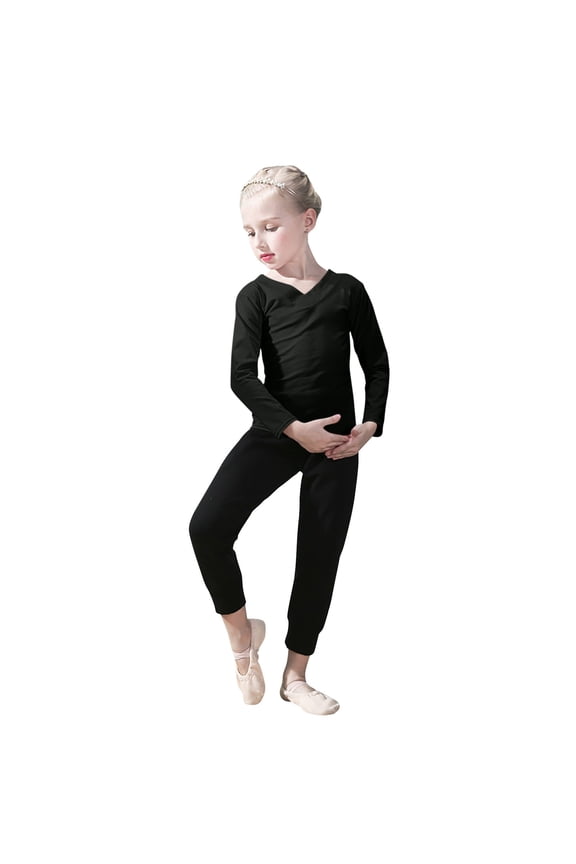 Girls Dance Two - Piece Set, V-neck Breathable Dance Long - Sleeve Practice Suit Set Black 9-10 Years