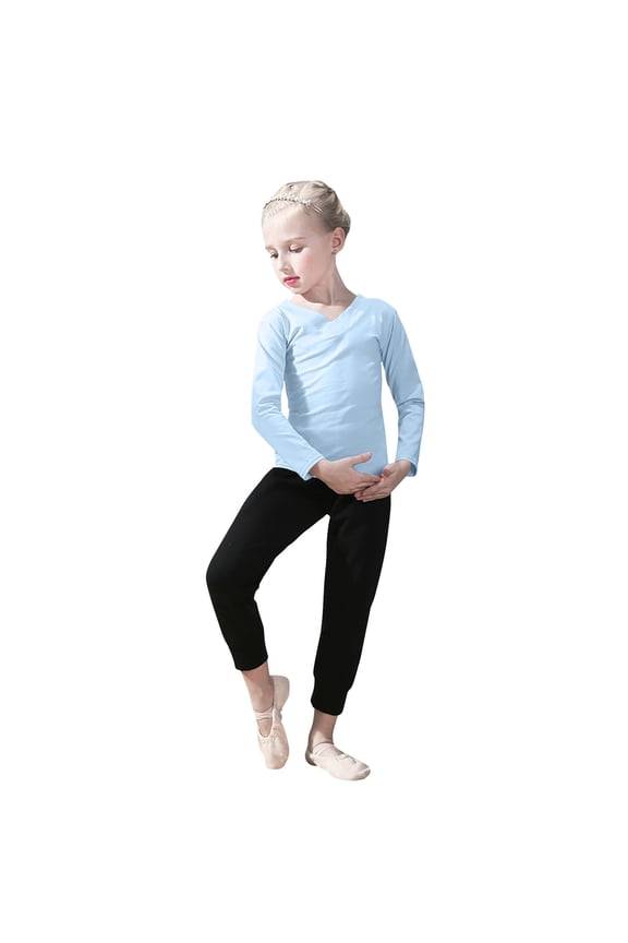 Girls Dance Two - Piece Set, V-neck Breathable Dance Long - Sleeve Practice Suit Set Light Blue 3-4 Years