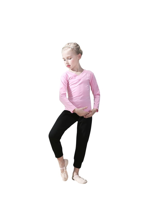 Girls Dance Two - Piece Set, V-neck Breathable Dance Long - Sleeve Practice Suit Set Pink 12-13 Years