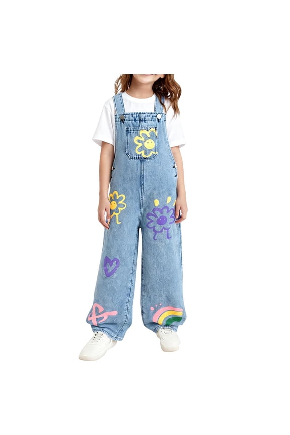 Girls Denim Overalls, Doodle Print Adjustable Straps Wide-Leg School Uniform Overalls Light Blue 4-5 Years