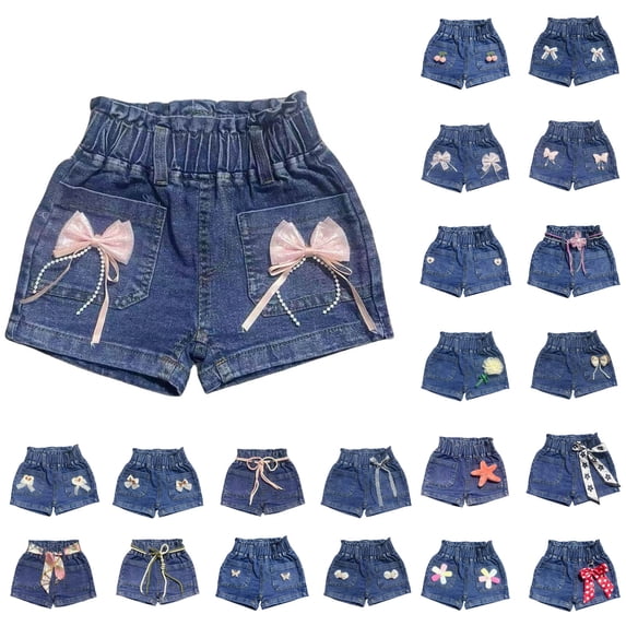 HAOTAGS Girls Denim Shorts(1-8), Summer Elastic Waist Jeans Shorts for Beach Vacation Blue 3-4Years