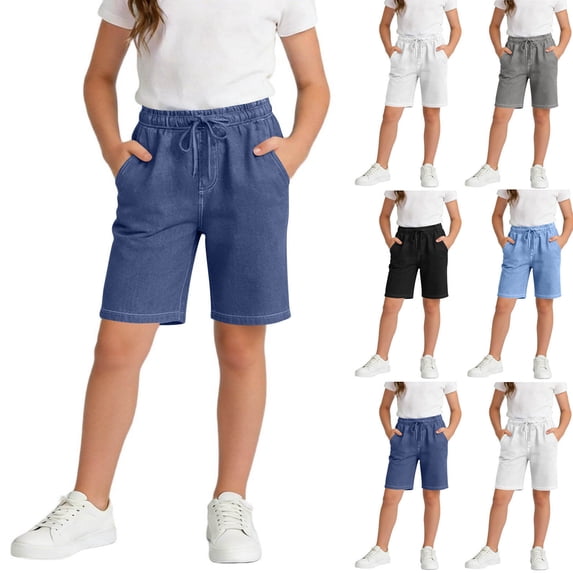 HAOTAGS Girls Denim Shorts,Elastic Waist Breathable Straight - Leg Shorts with Pocketed Blue Size 11/12