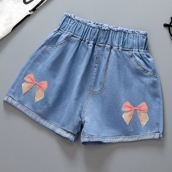 HAOTAGS Toddler Girls Denim Shorts(3-10Years), Cute Embroidery Print Casual Summer Elastic Waist Cotton Shorts Blue 4-5Years