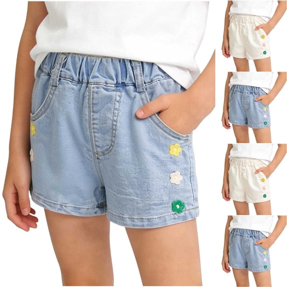 HAOTAGS Girls Denim Shorts,Summer Floral ,1-13Y Kids Outdoor Casual Comfortable Jean Shorts White Size 9/10