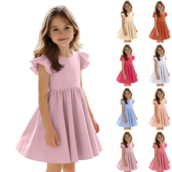 HAOTAGS Girls Dresses 7-8,Round Neck Cotton Blend Ruffle Trim Short Sleeve Smock Dress Pink