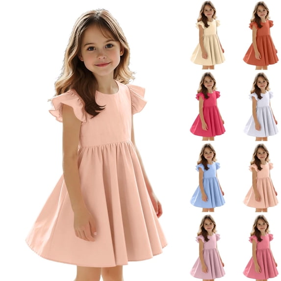 HAOTAGS Girls Dresses,Cotton Blend Round Neck Short Sleeve Ruffle Trim Smock Dress Watermelon Red 5-6