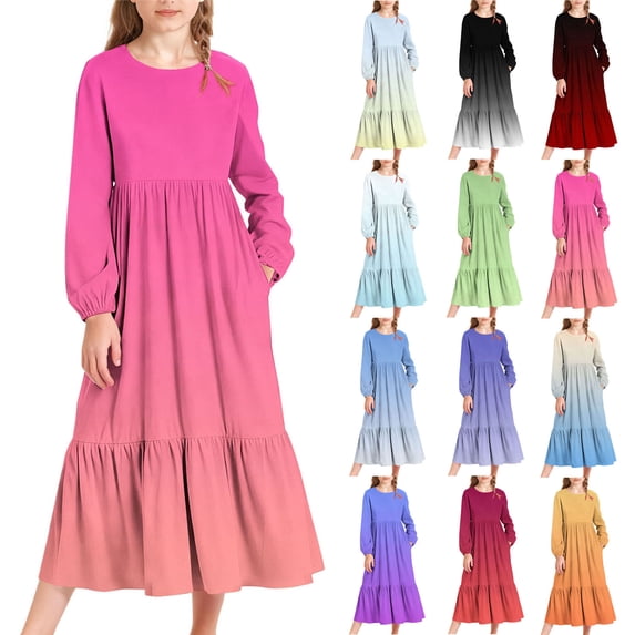 HAOTAGS Girls Dresses, Crewneck with Side Pockets Casual Long Skirt for Kids Red 10-11Years