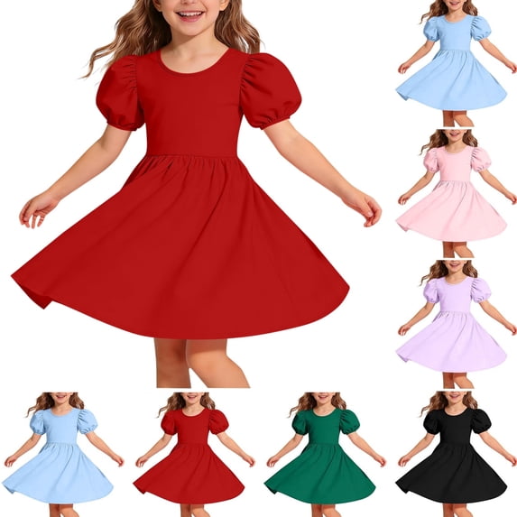 HAOTAGS Girls Dresses,Flare Bubble Sleeves Knee-Length Lightweight Summer Dress Red 5-6