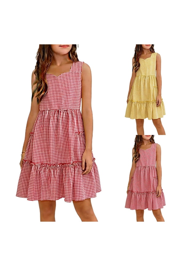 Girls Dresses,Gingham Petal Knee-Length Vacation Square-Neck Checkered Wais Princess Dress Red 3-4