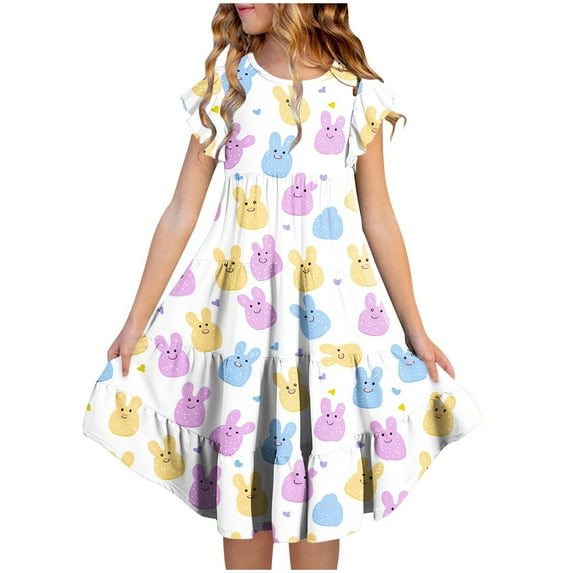 HAOTAGS Girls Easter Dresses,Flutter Sleeve Holiday Print Round Neckline Side Pocket Dress Multicolor 4-5 T