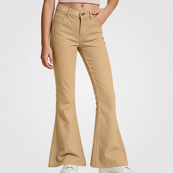 HAOTAGS Girls Flare Pants – Trendy Stretch Elastic Waist Slim Casual Trousers Khaki Size 15